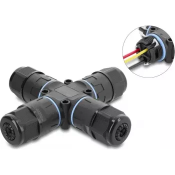 Delock X-Shape kaabliühendus kruviliitmikuga 3 kontaktiga, IP68 veekindel, kaabli läbimõõdule 5 - 9 mm, koos tihenditega läbimõõdule 9 - 12 mm, tööriistavaba, must (87247)
