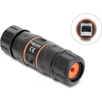 Delock RJ45 emane RJ45 emane kaabliühendaja Cat.6A M23.5 x 1.5 mm keermega lühikese disainiga IP68 tolmukindel ja veekindel