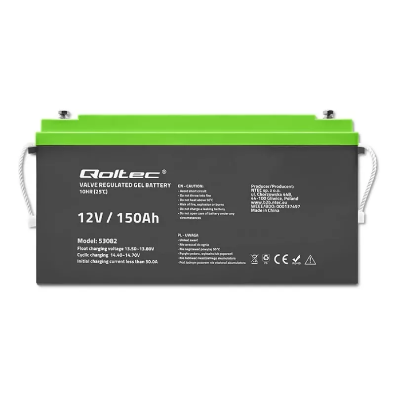 Qoltec 12V 150Ah Geelaku (GEL) - VRLA, hooldusvaba, 41,8 kg