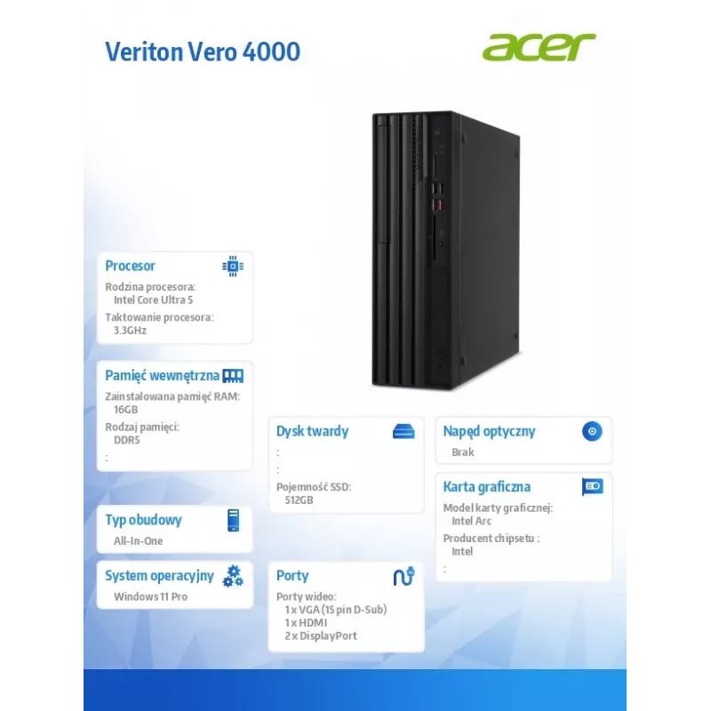 Acer Veriton Vero 4000 VVX4735GT SFF lauaarvuti - Intel Core Ultra 5 225, 16GB DDR5, 512GB SSD, Windows 11 Pro