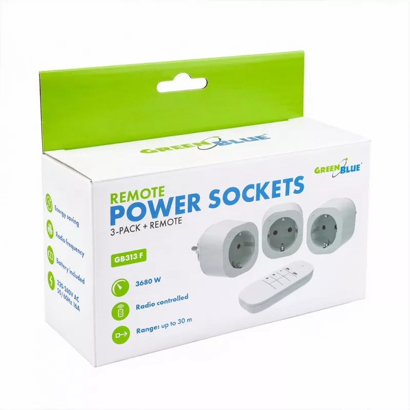 GREENBLUE GB313 F kaugjuhitav 3-pistikupesaga toiteplokk koos 433.92 MHz RF-puldiga, 2300W, tüüp F