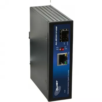 ALLNET ALL-MCI2011P-60W Industrial PoE Media Converter, 1x 10/100/1000Base-T RJ45 to 1x 1000Base-X SFP, 60W PoE, DIN Rail, Black