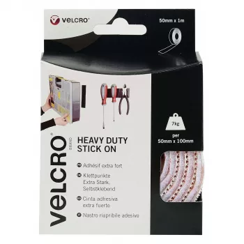 VELCRO Brand Heavy Duty Self-Adhesive Hook and Loop Tape, White, 50mm x 1m