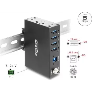 Delock Industrial Hub 4x USB 5 Gbps Type-A with 8 kV ESD Protection and DIN Rail Mounting