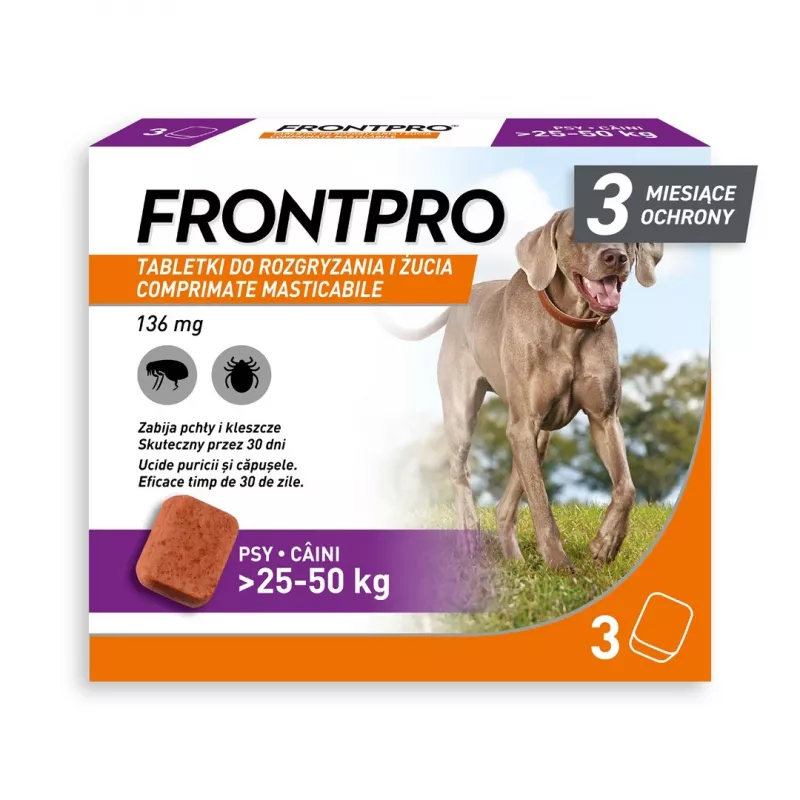 FRONTPRO Kirbu- ja puugitabletid koertele (25-50 kg) - 3x 136 mg Afoksolaani närimistabletid