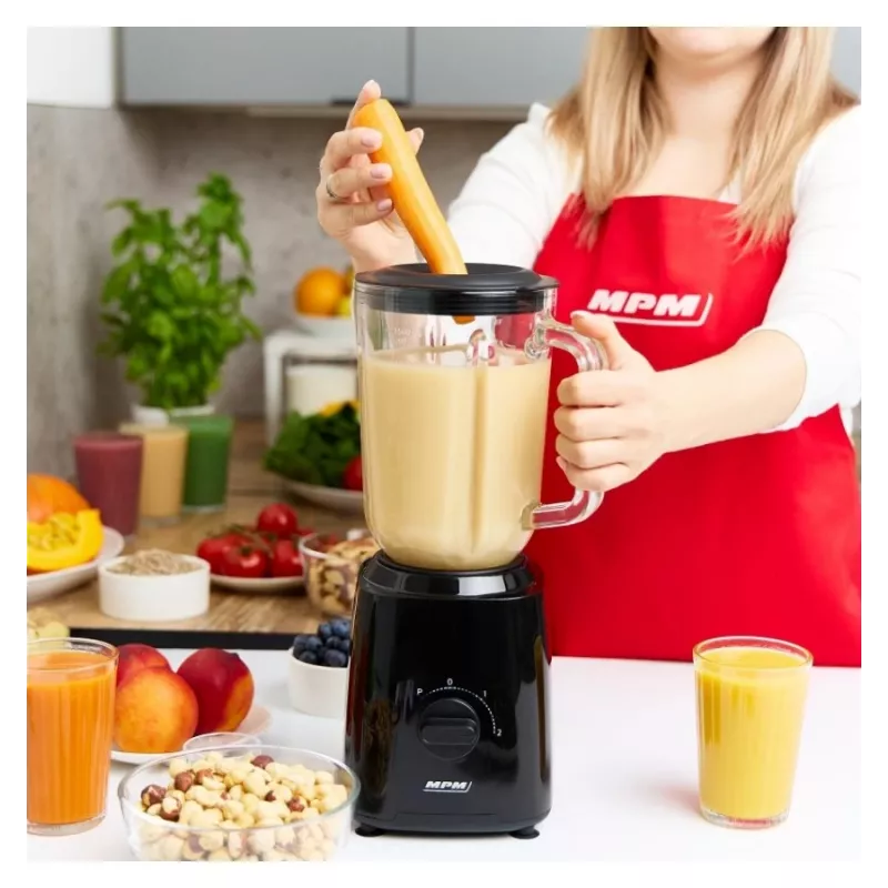 MPM MBL-37 Blender, 500 W, 1.5 L Glass Jug, Stainless Steel Blade, 2 Speeds, Pulse Function, Ice Crushing, Black