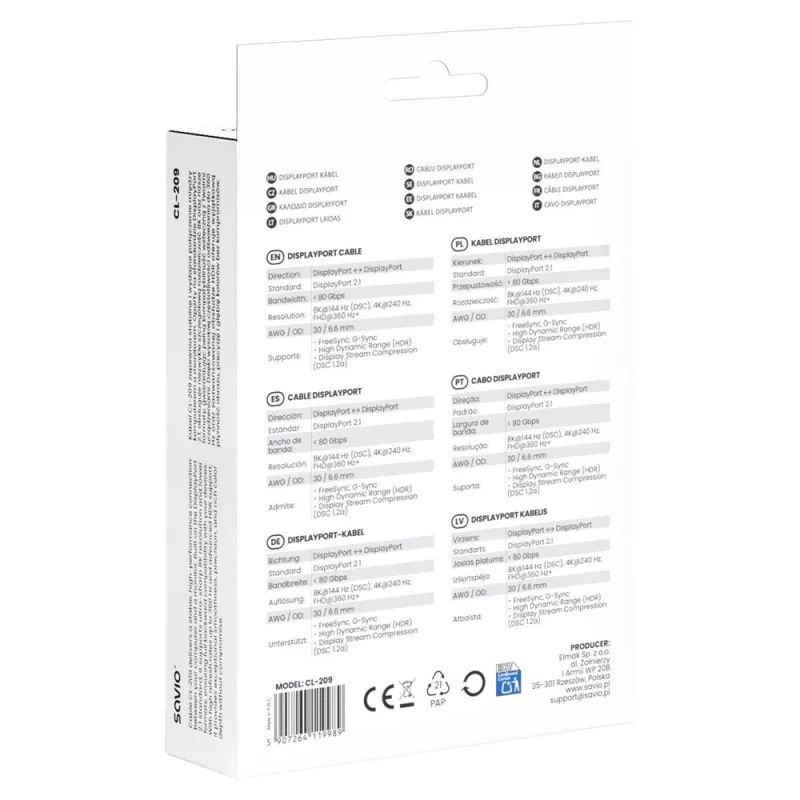 SAVIO CL-209 DisplayPort 2.1 kaabel 1m must