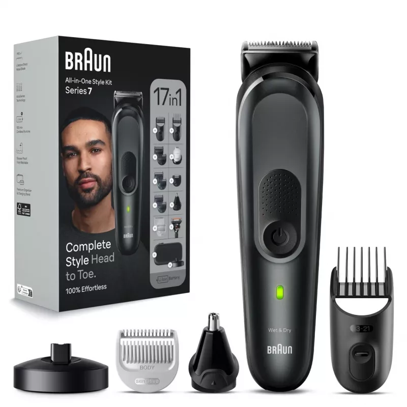 Braun MGK7491 17-in-1 Multi-Grooming Style Kit, Must/Hõbe, Juhtmeta, Li-Ion, 100 min tööaeg