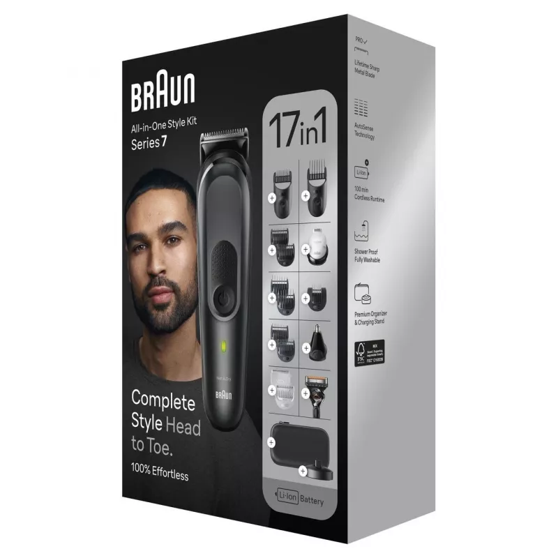 Braun MGK7491 17-in-1 Multi-Grooming Style Kit, Must/Hõbe, Juhtmeta, Li-Ion, 100 min tööaeg