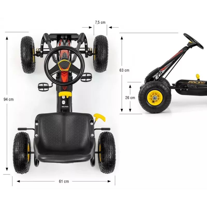 MILLY MALLY Pedaaliga Kart Thor Must, Terasraam, EVA-vahtrattad, Käsipidur, Edasi/Tagasi, Lastele 3-8 aastat, Maksimaalne koormus 30 kg
