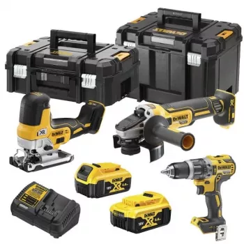 DEWALT DCK329P2T-QW 18V XR Juhtmeta komplekt: 2-kiiruseline löökpuur ja nurklihvija 2x 5.0Ah akuga, laadija ja T-STAK II kohvriga