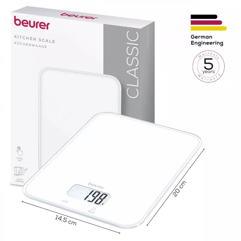 Beurer KS 19 Pure White Digital Kitchen Scale with Sensor Touch Buttons, 5 kg Capacity, 1 g Graduation, Tara Function, LCD Display