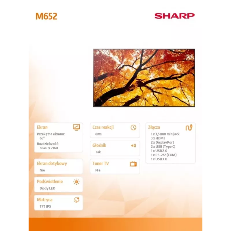 Sharp MultiSync M652 65 tolli 4K UHD professionaalne ekraan 550 cd/m² 24/7