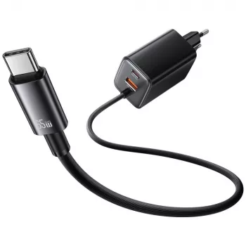 USAMS JC Series CC266 65W GaN Fast Laadija sisseehitatud USB-C kaabliga, Must