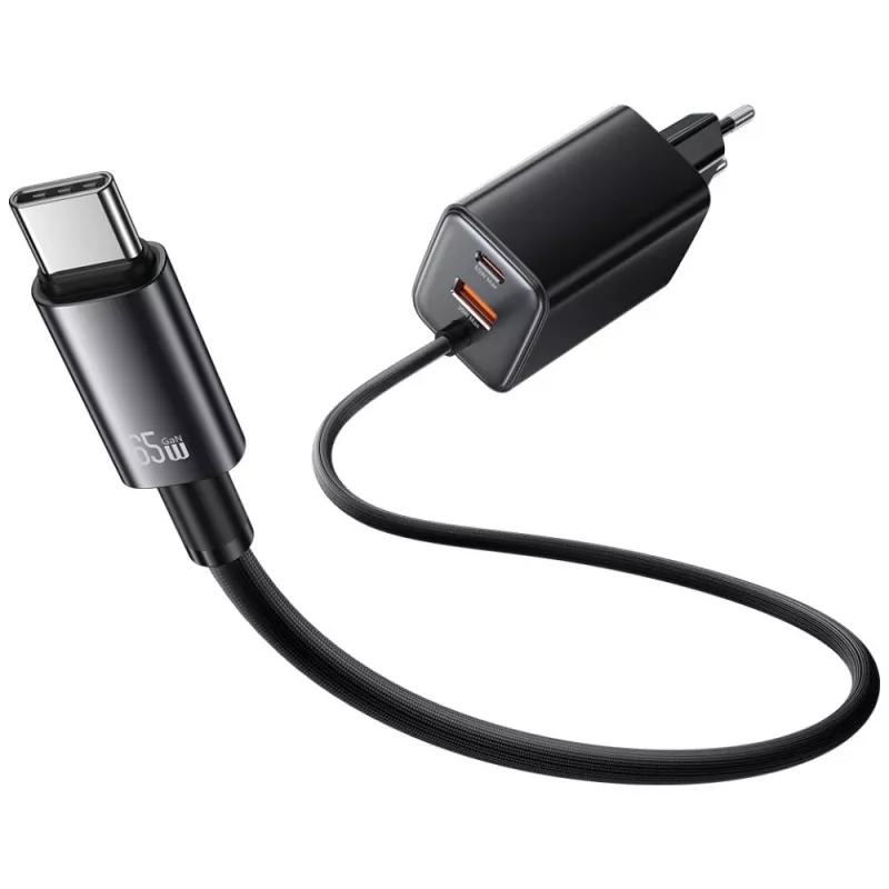 USAMS JC Series CC266 65W GaN Fast Laadija sisseehitatud USB-C kaabliga, Must