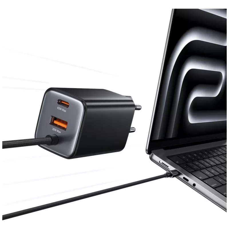 USAMS JC Series CC266 65W GaN Fast Laadija sisseehitatud USB-C kaabliga, Must