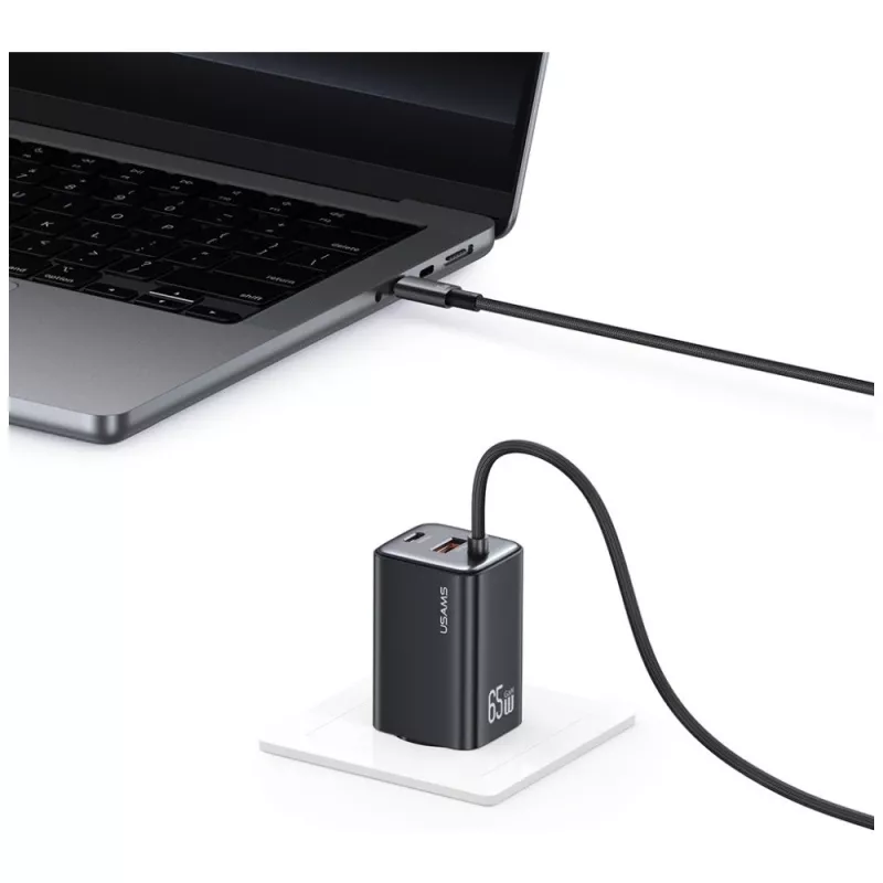 USAMS JC Series CC266 65W GaN Fast Laadija sisseehitatud USB-C kaabliga, Must