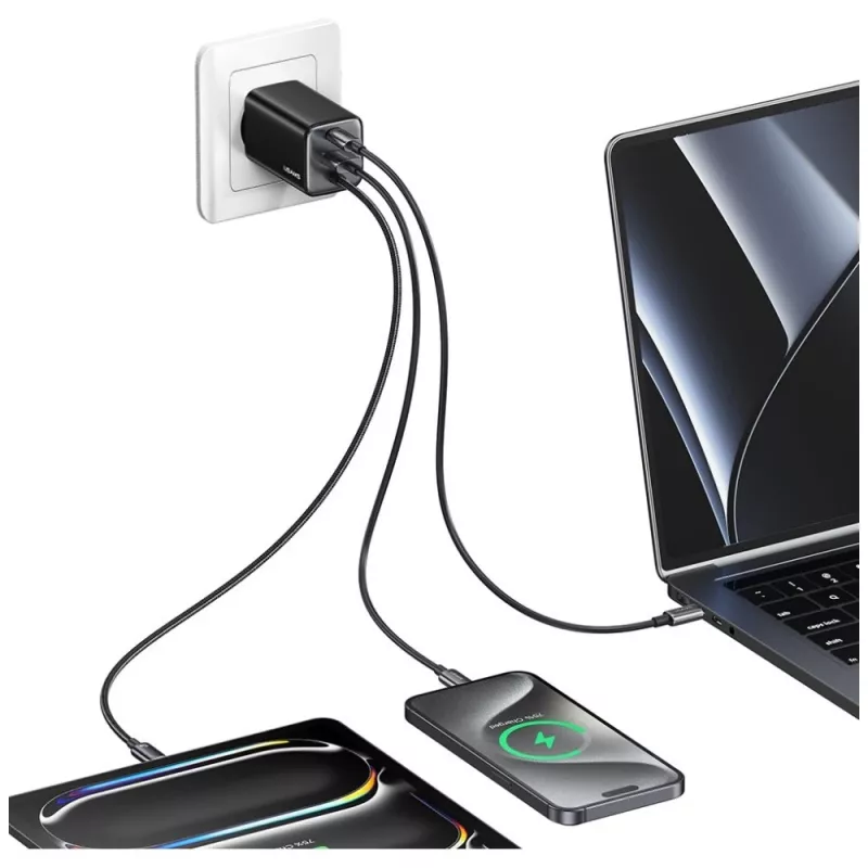 USAMS JC Series CC266 65W GaN Fast Laadija sisseehitatud USB-C kaabliga, Must