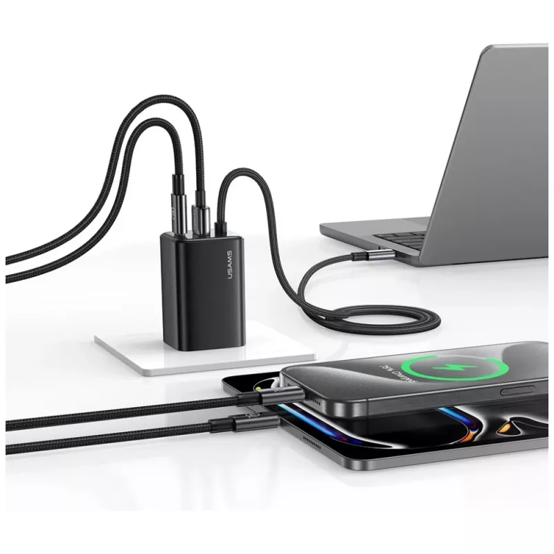 USAMS JC Series CC266 65W GaN Fast Laadija sisseehitatud USB-C kaabliga, Must