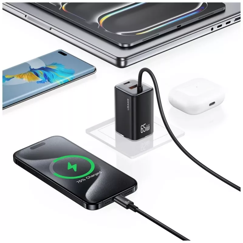 USAMS JC Series CC266 65W GaN Fast Laadija sisseehitatud USB-C kaabliga, Must