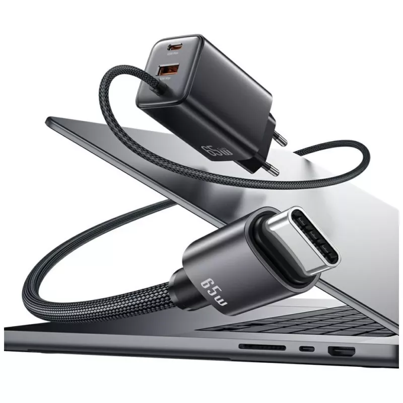 USAMS JC Series CC266 65W GaN Fast Laadija sisseehitatud USB-C kaabliga, Must