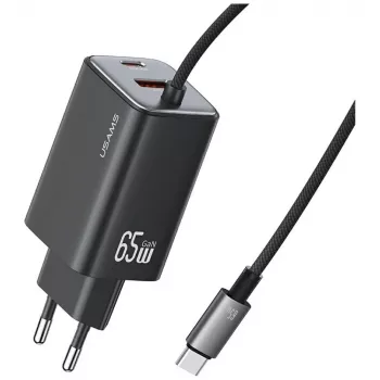 USAMS JC Series CC266 65W GaN Fast Laadija sisseehitatud USB-C kaabliga, Must