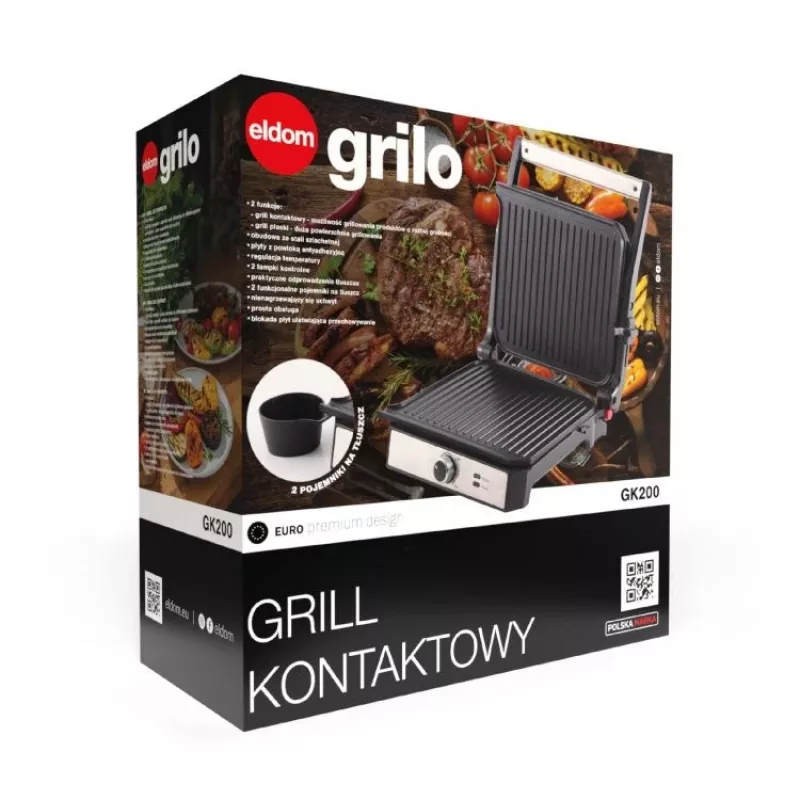 ELDOM GK200 GRILO Kontaktgrill 2000W Reguleeritav termostaat Mittekleepuvad plaadid Must/Hõbe