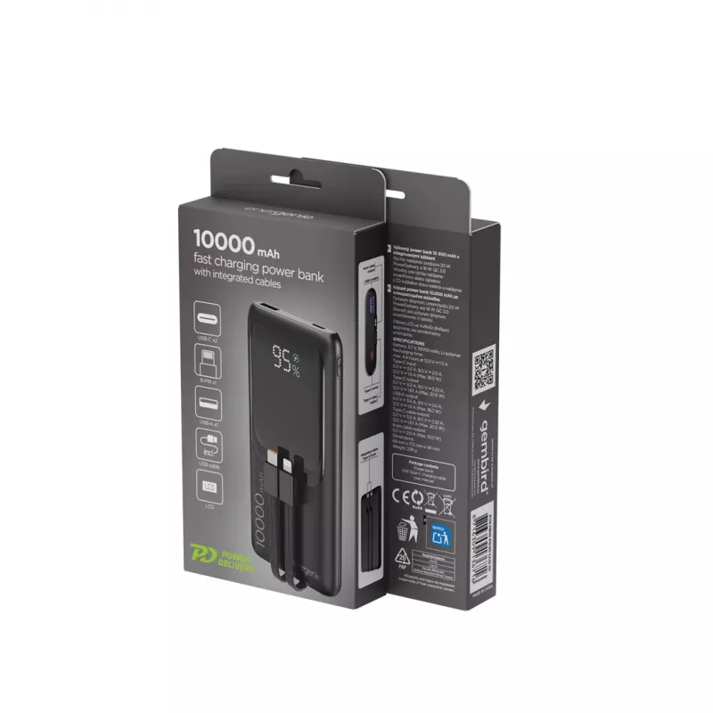 Gembird PB10-PD20-LCD-01 Fast Charging Power Bank with Integrated Cables, 20W, 10000 mAh, Black
