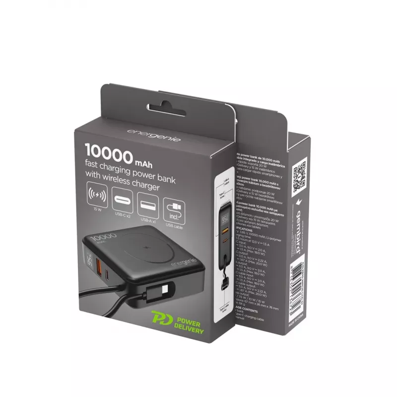 Gembird PB10-WPC15-LCD-01 Fast Laadimise Power Bank Juhtmevaba Laadijaga, 20W, 10000 mAh, Must