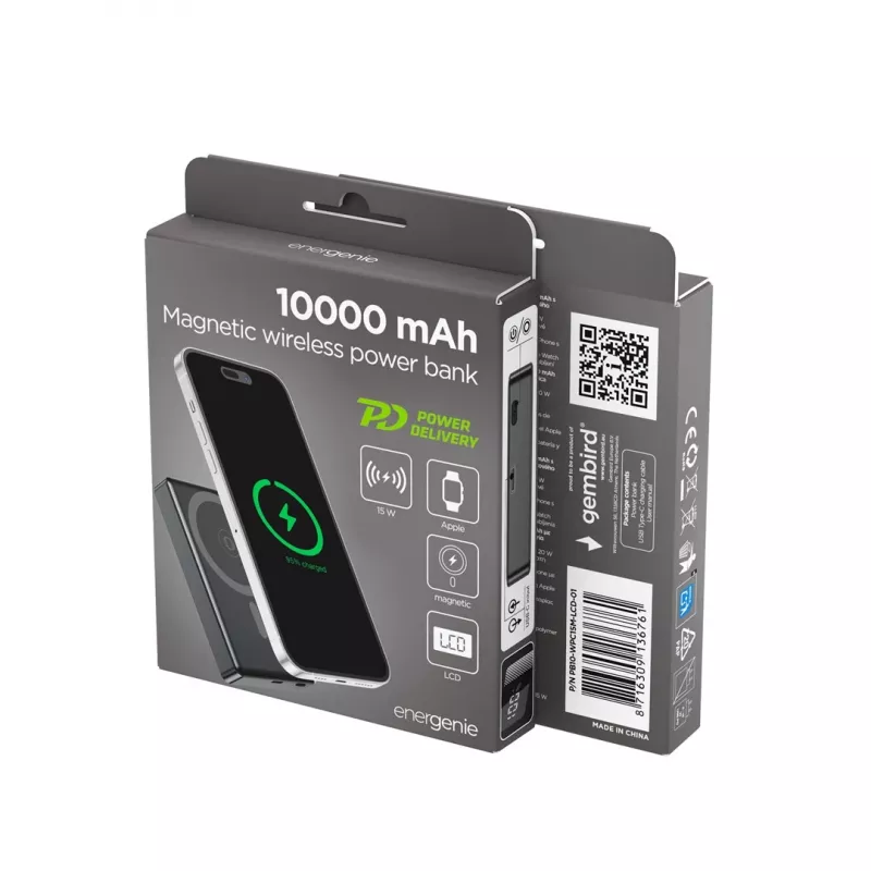 Gembird PB10-WPC15M-LCD-01 Magnetiline juhtmevaba toitepank LCD-ekraaniga, 15W, 10000 mAh, must