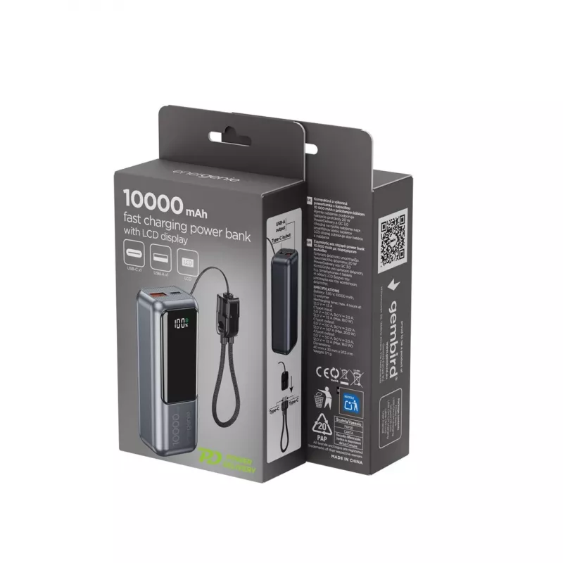 Gembird PB10-PD20-LCD-02 Kompaktne kiirlaadiv toitepank LCD-ekraaniga, 20W, 10000 mAh, Space Grey
