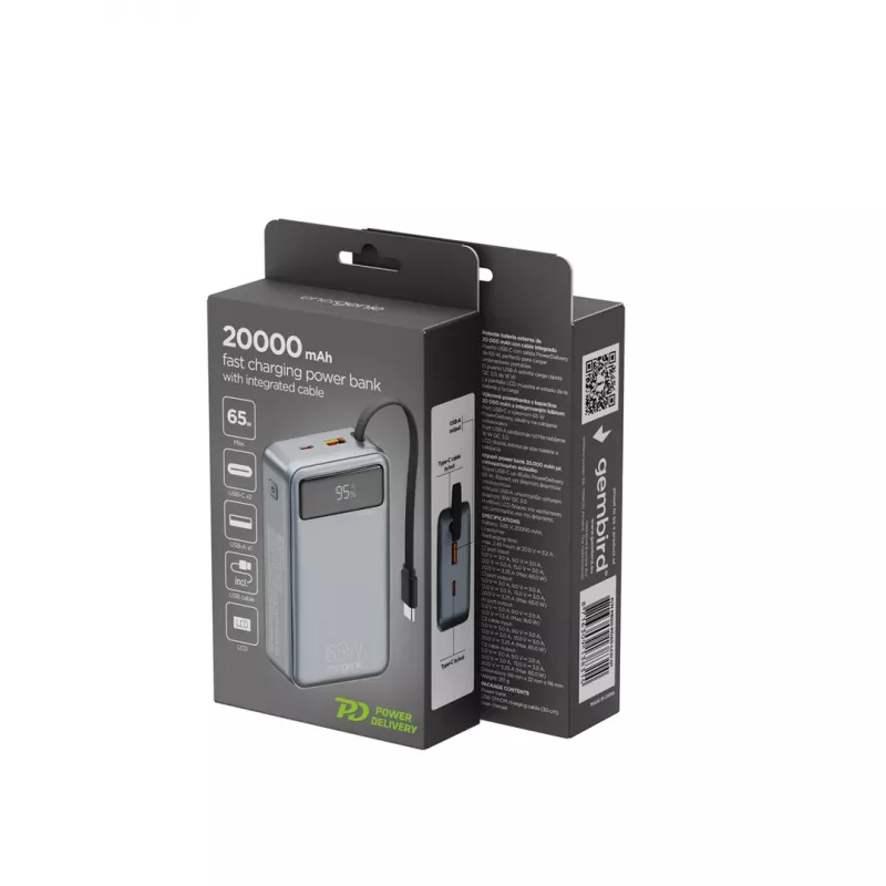 Gembird PB20-PD65-LCD-01 Fast Charging Power Bank with Integrated Cables, 65W, 20000 mAh, Black