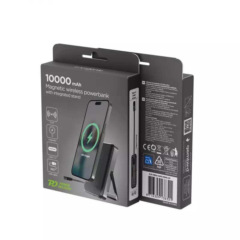 Gembird PB10-WPC15MS-01 Magnetiline juhtmevaba toitepank integreeritud alusega, 15W, 10000 mAh, must