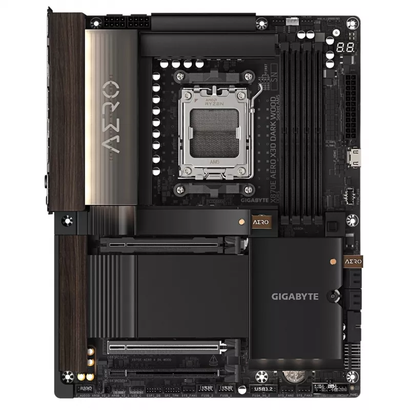 Gigabyte X870E AERO X3D DARK WOOD emaplaat - Toetab AMD Ryzen 9000 protsessoreid, 16+2+2 faasiline digitaalne VRM, kuni 9000 MHz DDR5 (OC), 2x PCIe 5.0 + 2x PCIe 4.0, Wi-Fi 7, 5GbE LAN, USB 4