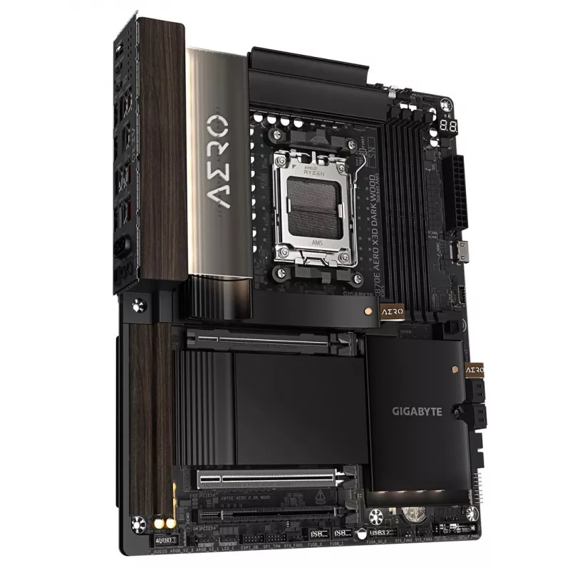 Gigabyte X870E AERO X3D DARK WOOD emaplaat - Toetab AMD Ryzen 9000 protsessoreid, 16+2+2 faasiline digitaalne VRM, kuni 9000 MHz DDR5 (OC), 2x PCIe 5.0 + 2x PCIe 4.0, Wi-Fi 7, 5GbE LAN, USB 4