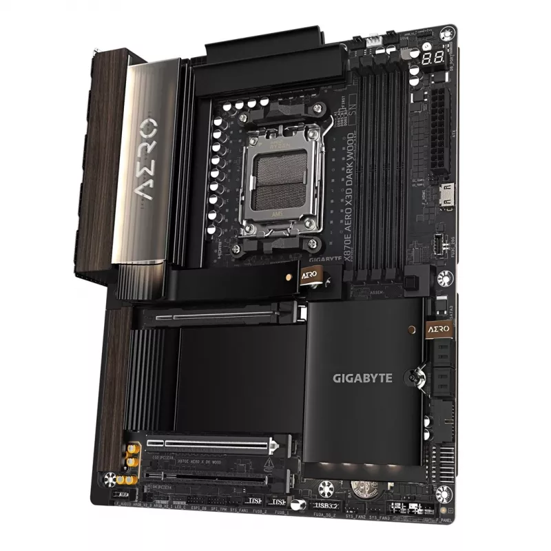 Gigabyte X870E AERO X3D DARK WOOD emaplaat - Toetab AMD Ryzen 9000 protsessoreid, 16+2+2 faasiline digitaalne VRM, kuni 9000 MHz DDR5 (OC), 2x PCIe 5.0 + 2x PCIe 4.0, Wi-Fi 7, 5GbE LAN, USB 4