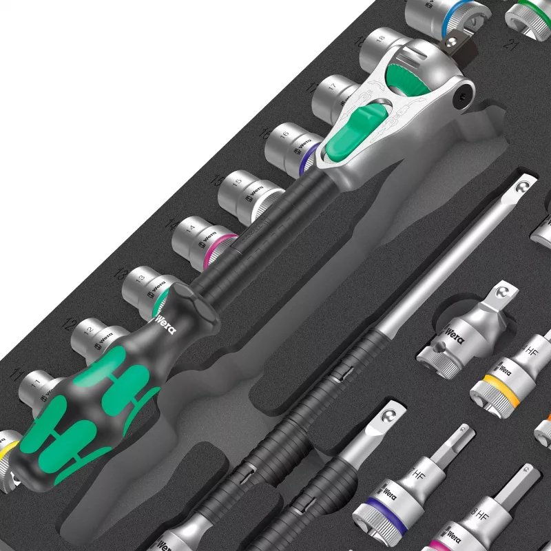Wera 9722 C Zyklop 1/2 tolli pöörd- ja pesakomplekt, 31-osaline, vahtsisend töökoja kärule, must/hall