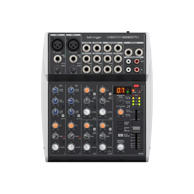Behringer XENYX 1002SFX Helimikser 10 sisendiga, 2 XENYX mikrofoni eelvõimendiga, 3-ribalise EQ-ga, KLARK TEKNIK FX-protsessoriga, 100 eelseadistusega