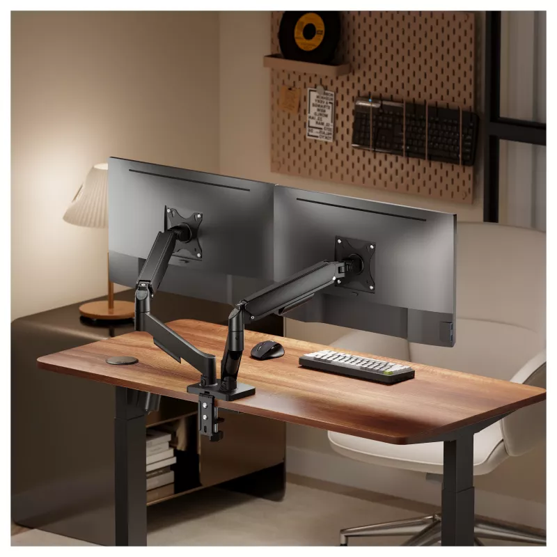 Equip kahe monitori lauakinnitus 17-32 inch ekraanidele, 360° pöörlemine, gaasivedru, 9 kg kandevõime, must