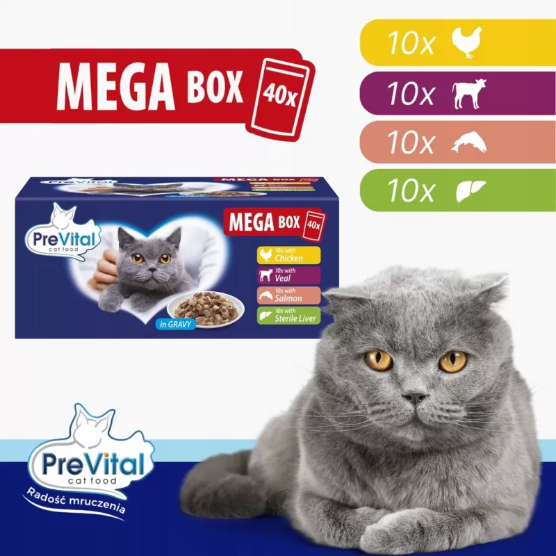 PREVITAL Mega Box Vasikaliha, Lõhe, Maks, Kana - Märgkassitoit - 40x100g