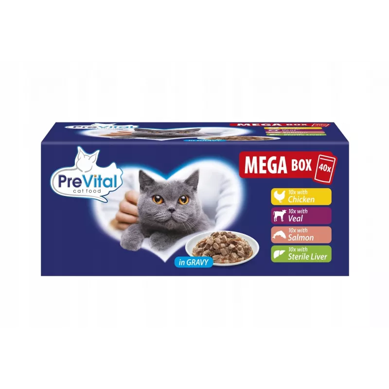 PREVITAL Mega Box Vasikaliha, Lõhe, Maks, Kana - Märgkassitoit - 40x100g