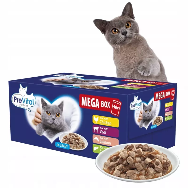 PREVITAL Mega Box Vasikaliha, Lõhe, Maks, Kana - Märgkassitoit - 40x100g