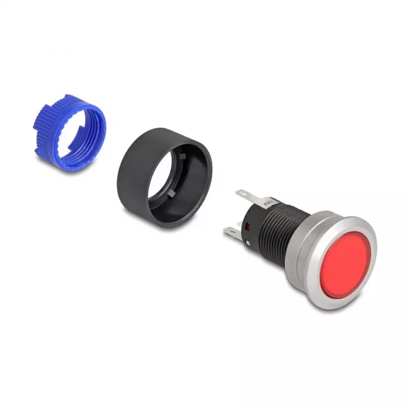 Delock 22 mm paneelile paigaldatav surunupp, lame, punane LED, jooteklemmid, 1 NO, 230 V AC/DC