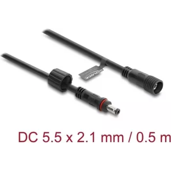 Delock DC pikenduskaabel 5,5 x 2,1 mm pistik-pesa M12 x 1,75 mm keermelukuga veekindel 18 AWG, 0,5 m must