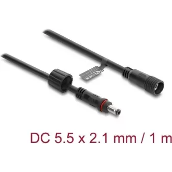 Delock DC pikenduskaabel 5,5 x 2,1 mm pistik pistikupessa kruvilukuga M12 x 1,75 mm keermestatud veekindel 18 AWG, 1 m must