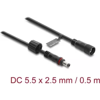 Delock DC pikenduskaabel 5.5 x 2.5 mm isane-emane kruvilukuga M12 x 1.75 mm keermestatud veekindel 18 AWG, 0.5 m must (67385)