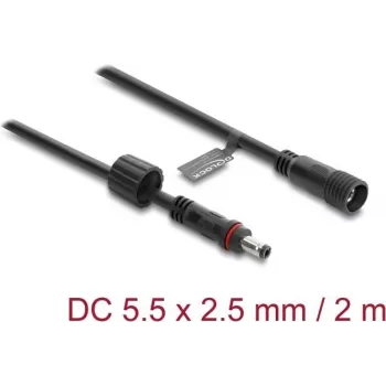 Delock DC pikenduskaabel 5.5 x 2.5 mm pistik-pesa kruvilukuga M12 x 1.75 mm keere veekindel 18 AWG, 2 m must