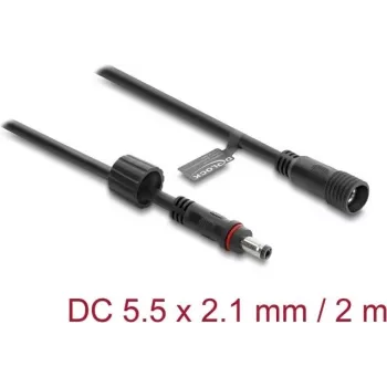 Delock DC pikenduskaabel 5.5 x 2.1 mm pistikust pistikupessa kruvilukuga M12 x 1.75 mm keere veekindel 18 AWG, 2 m must (67384)