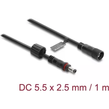 Delock DC pikenduskaabel 5,5 x 2,5 mm pistik-pesa, kruvilukuga M12 x 1,75 mm, veekindel, 18 AWG, 1 m, must (67386)