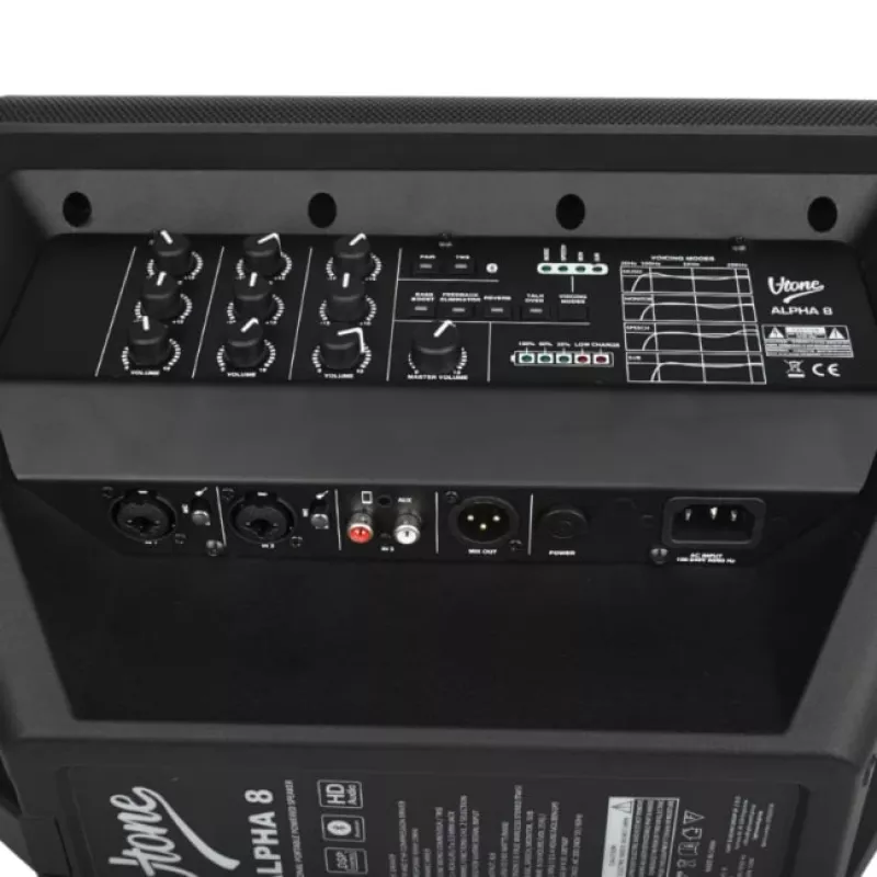 V-TONE ALPHA 8 Aktiivne Akutoitel Kolonnsüsteem Sisseehitatud Mikseriga, 300W RMS, 8-tolline Bassikõlar, Bluetooth, USB/SD, Kaja